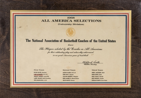 1968 All America Selections University Division Plaque Presented To Lew Alcindor (Abdul-Jabbar LOA)